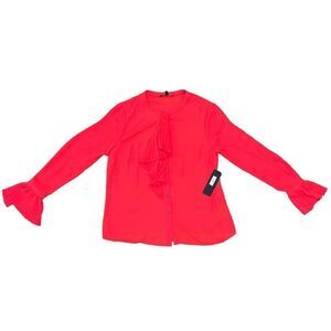 NWT EVA LONGORIA Red Button Down Blouse W/ Bell Sleeves & Bodice Ruffle Size M